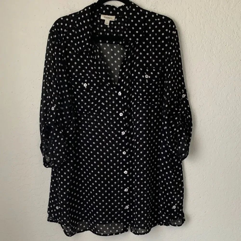 Dressbarn Black White Polka Dot Women's Top Tab Sleeve Blouse Size 2X